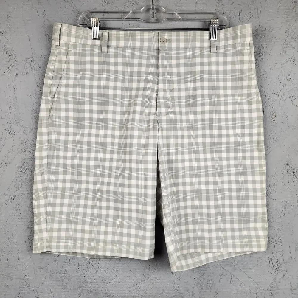 Nike Golf Shorts Mens 36 Gray White Check Plaid Dri Fit Performance Logo Pockets